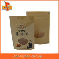 stand up ziplock brown kraft paper bag with a clear window for puer/chrysanthemum tea packaging